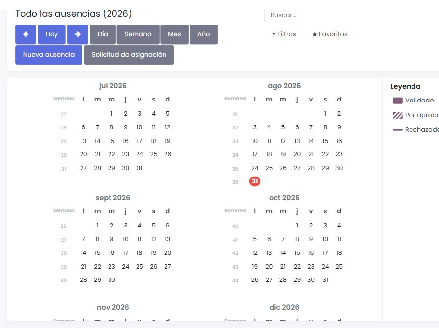 Calendario de ausencias y permisos del equipo