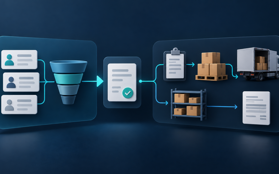 Esquema de un CRM conectado con la gestión de pedidos, inventario y facturación de un ERP