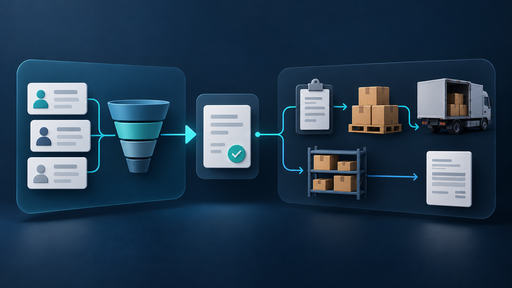 Esquema de un CRM conectado con la gestión de pedidos, inventario y facturación de un ERP