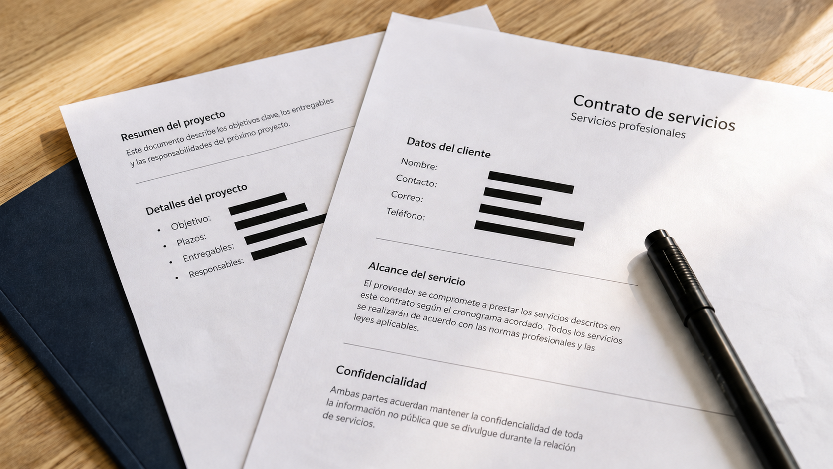 Documentos en español con datos del cliente ocultos junto a una carpeta y un rotulador