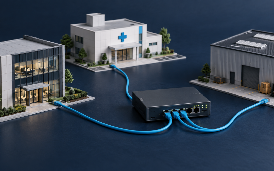 Tres sedes empresariales conectadas a una infraestructura informática centralizada